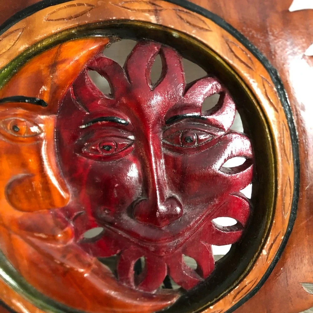 Hand Carved Wood Sun and Moon Wall Art - Picture 3 of 11
